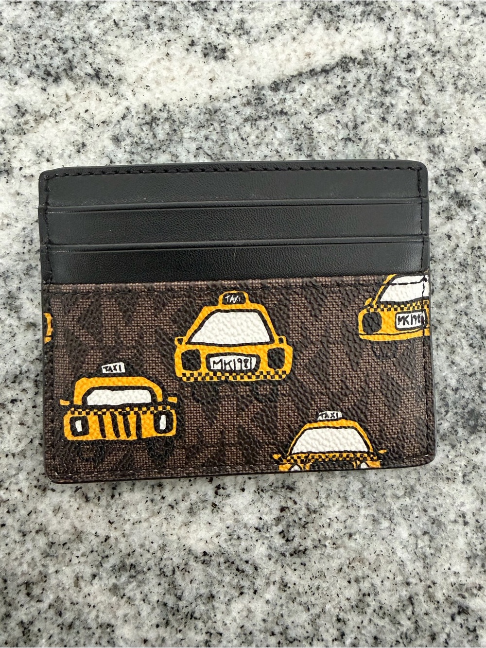 Michael Kors Black Leather & Brown Taxi-Print Card Case